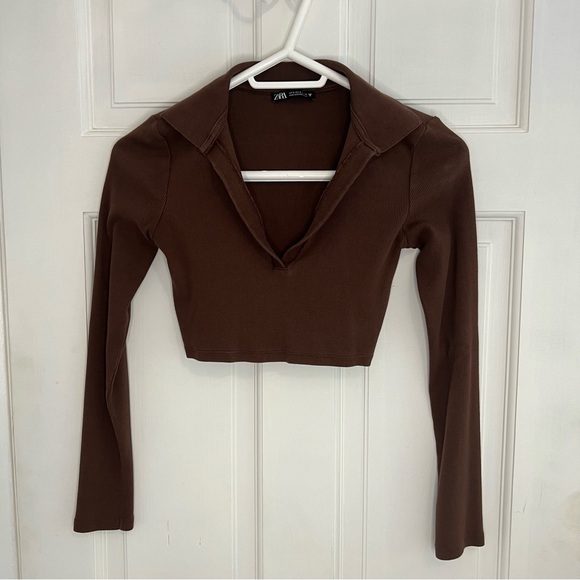 Zara Ribbed V-neck cropped longsleeve top - Picture 2 of 7